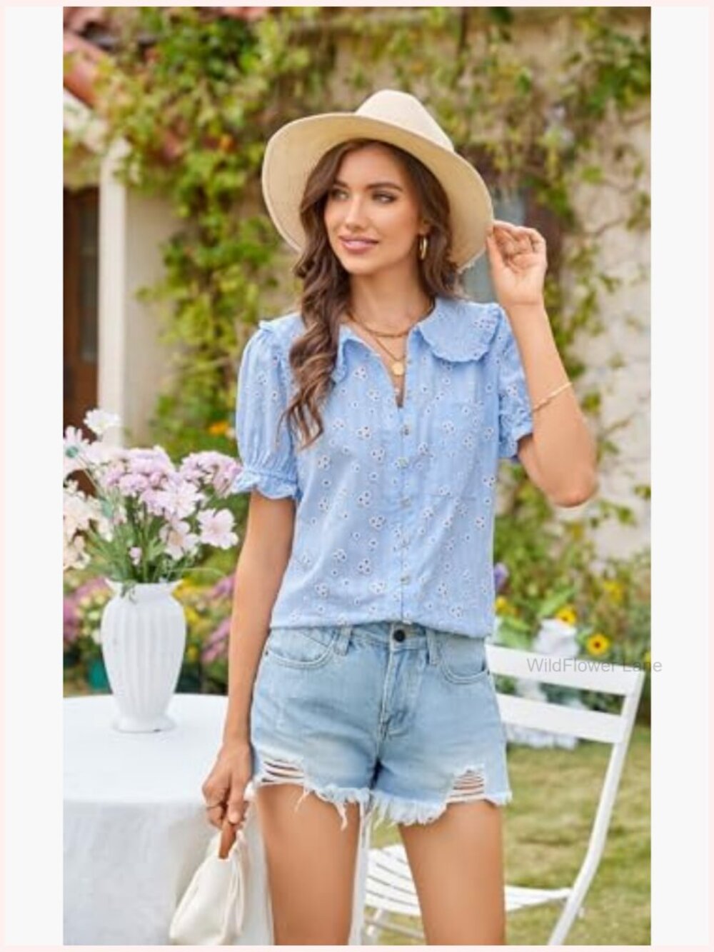 Peter Pan Collar Frilled Short Sleeve Blouse - Casual Cotton Button Up Top - Picture 4 of 7